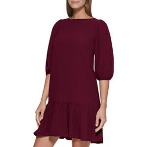 DKNY Plum Shift Dress Sz 6 Lined Ruffle Blubble Sleeve Romantic Date Night NWOT‎